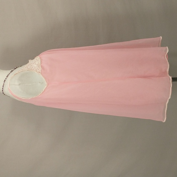 Vintage Candy Pink Nightgown Sheer over Opaque Lace w Ribbon Short Sleeveless - Picture 3 of 8
